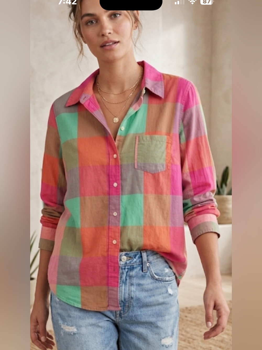 Gap Multicolor Plaid Button Down Shirt Size Small Lightweight Boyfriend Fit